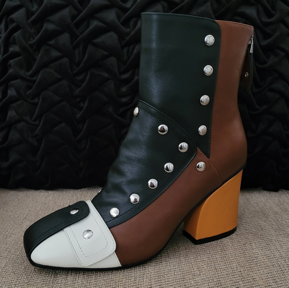 JOCHEBED HU GENUINE LEATHER RETRO STUDDED COLORBLOCK BOOTIES